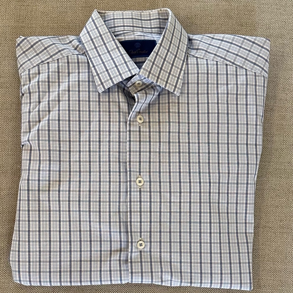 David Donahue Grid Check Print Spread Collar Shir… - image 1